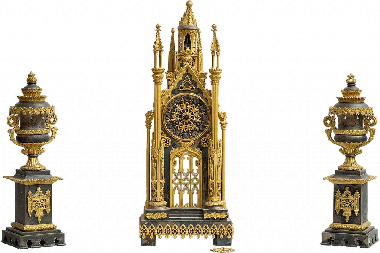 Charles X gilt and patinated bronze clock triptych, early 19th century 7