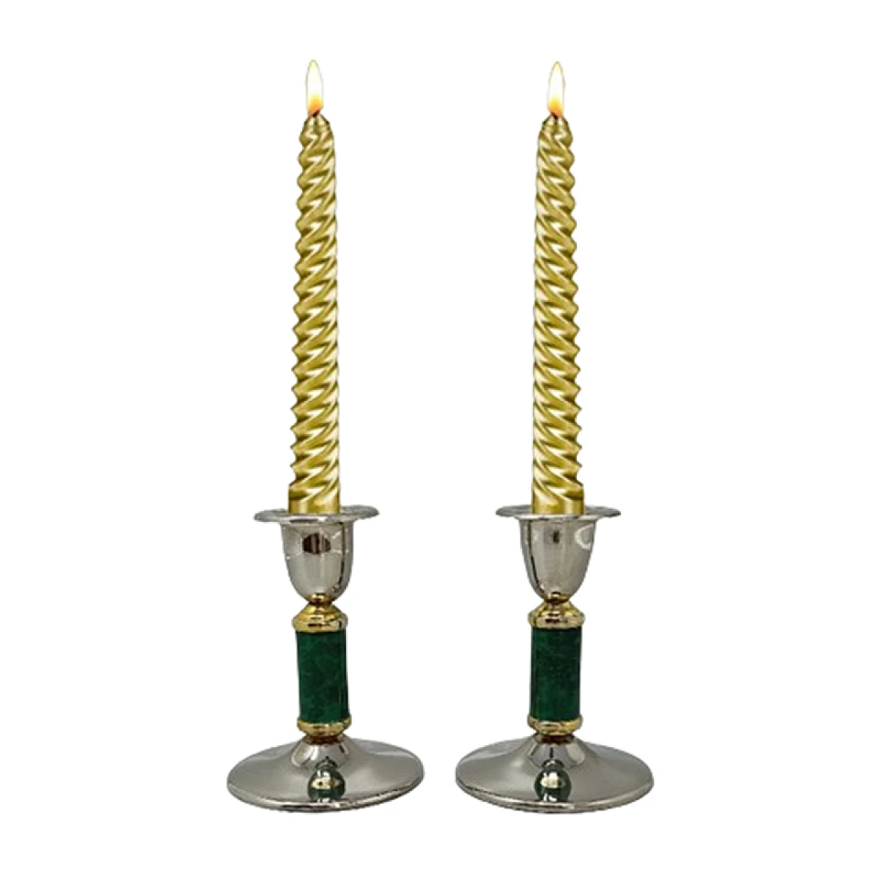 Pair of green metal and brass candlesticks, 1960s 1