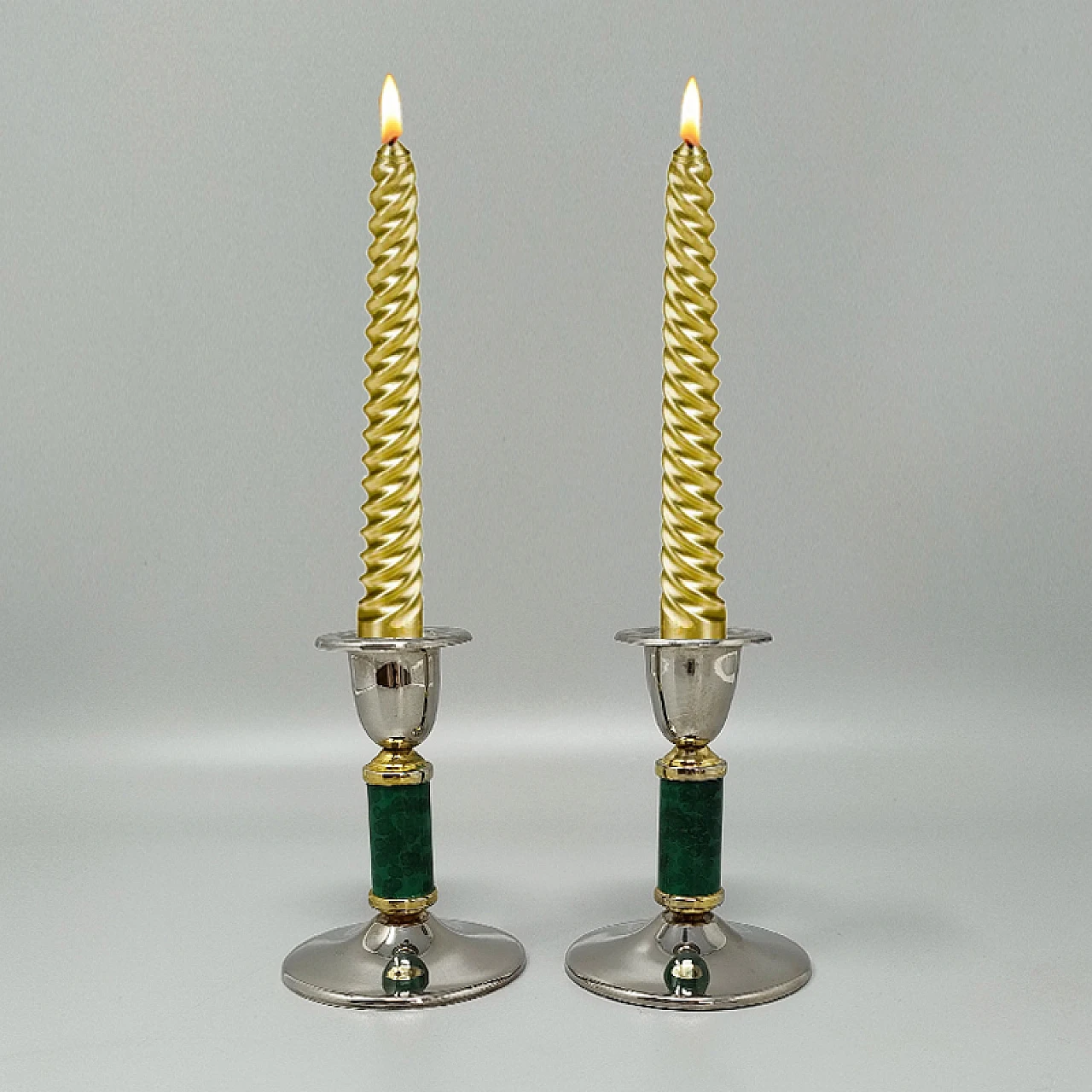 Pair of green metal and brass candlesticks, 1960s 2