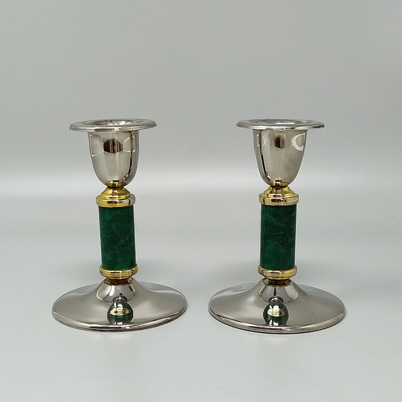 Pair of green metal and brass candlesticks, 1960s 3