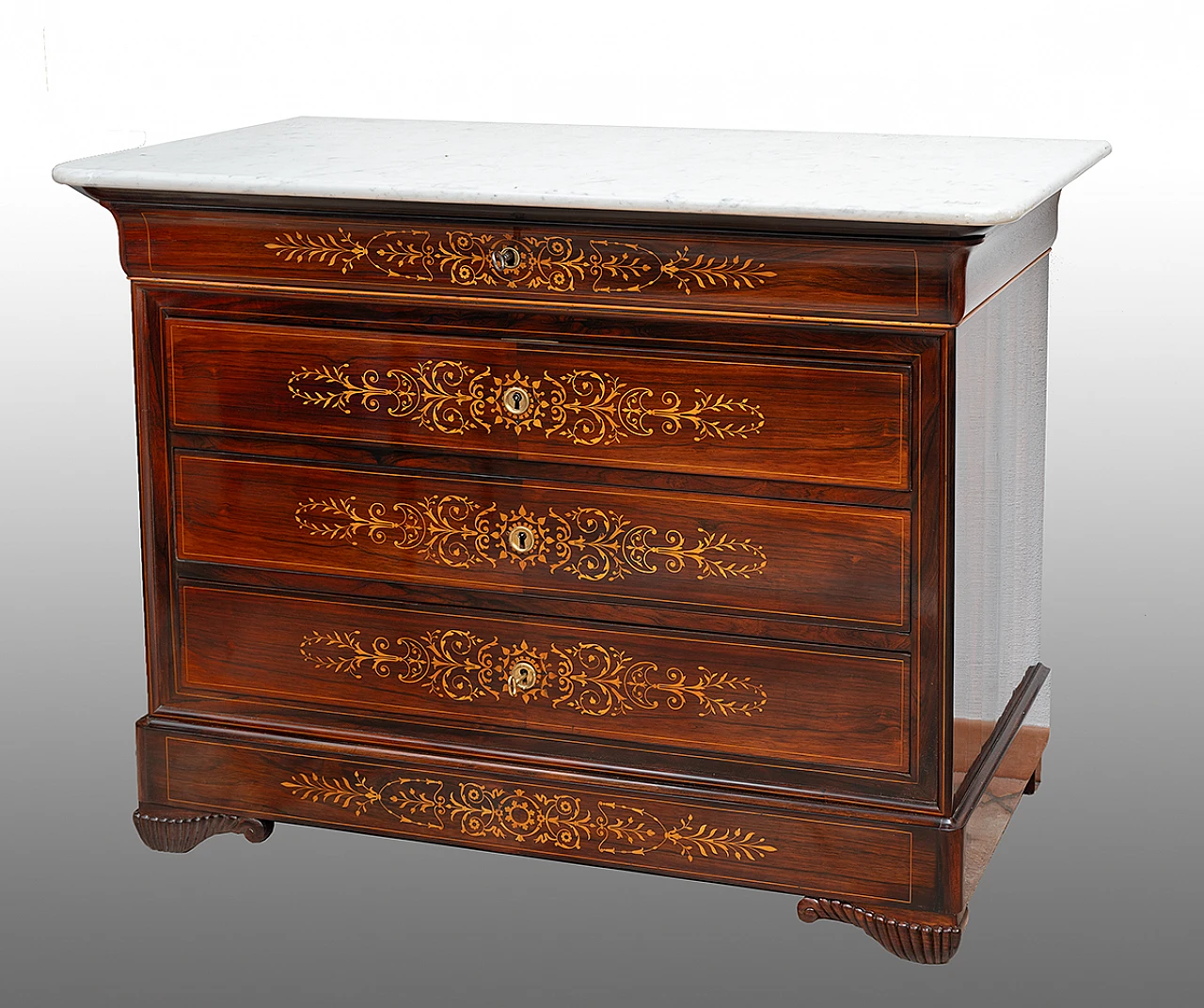 French Charles X exotic wood and marble commode, 19th century 1