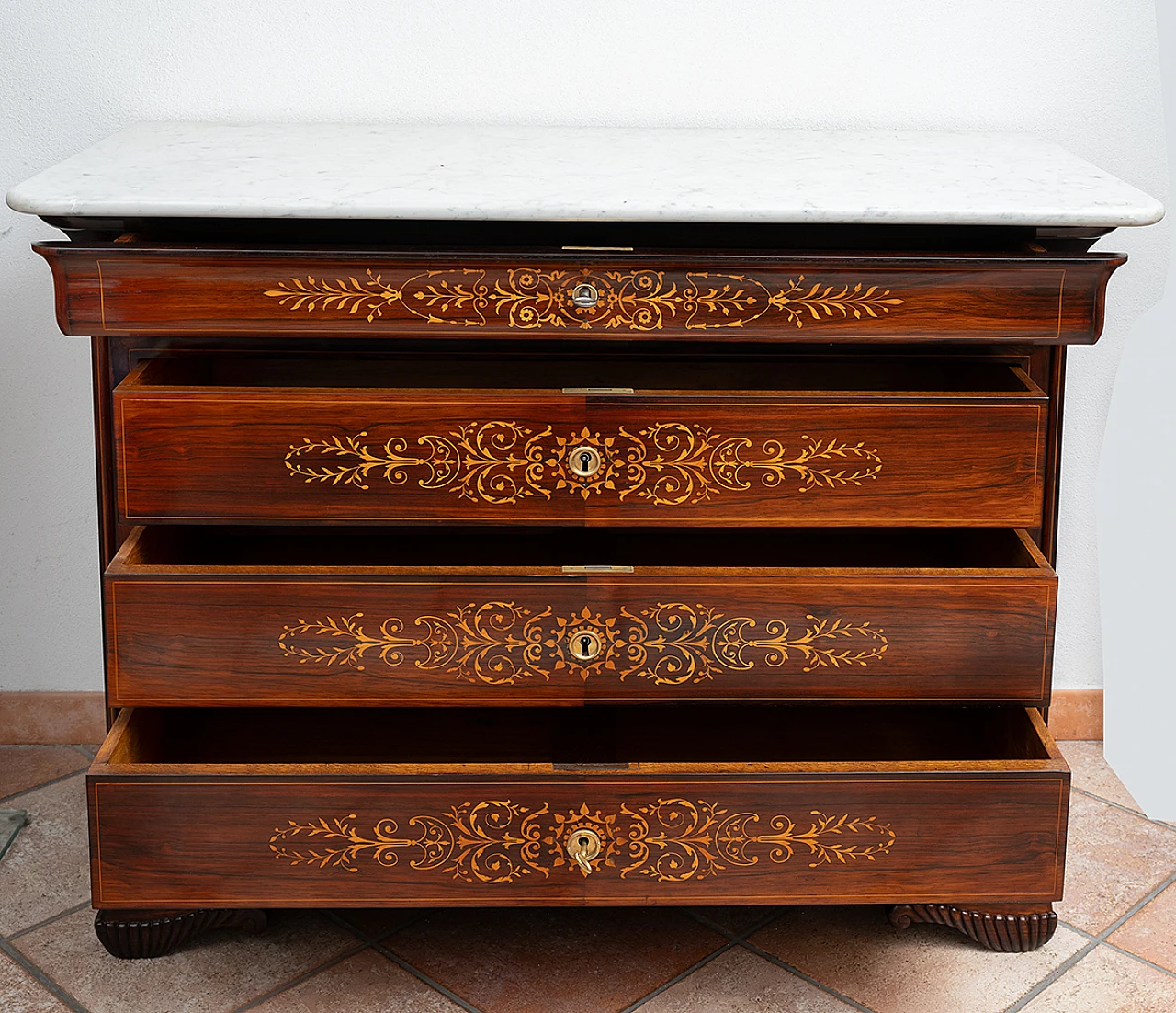 French Charles X exotic wood and marble commode, 19th century 2