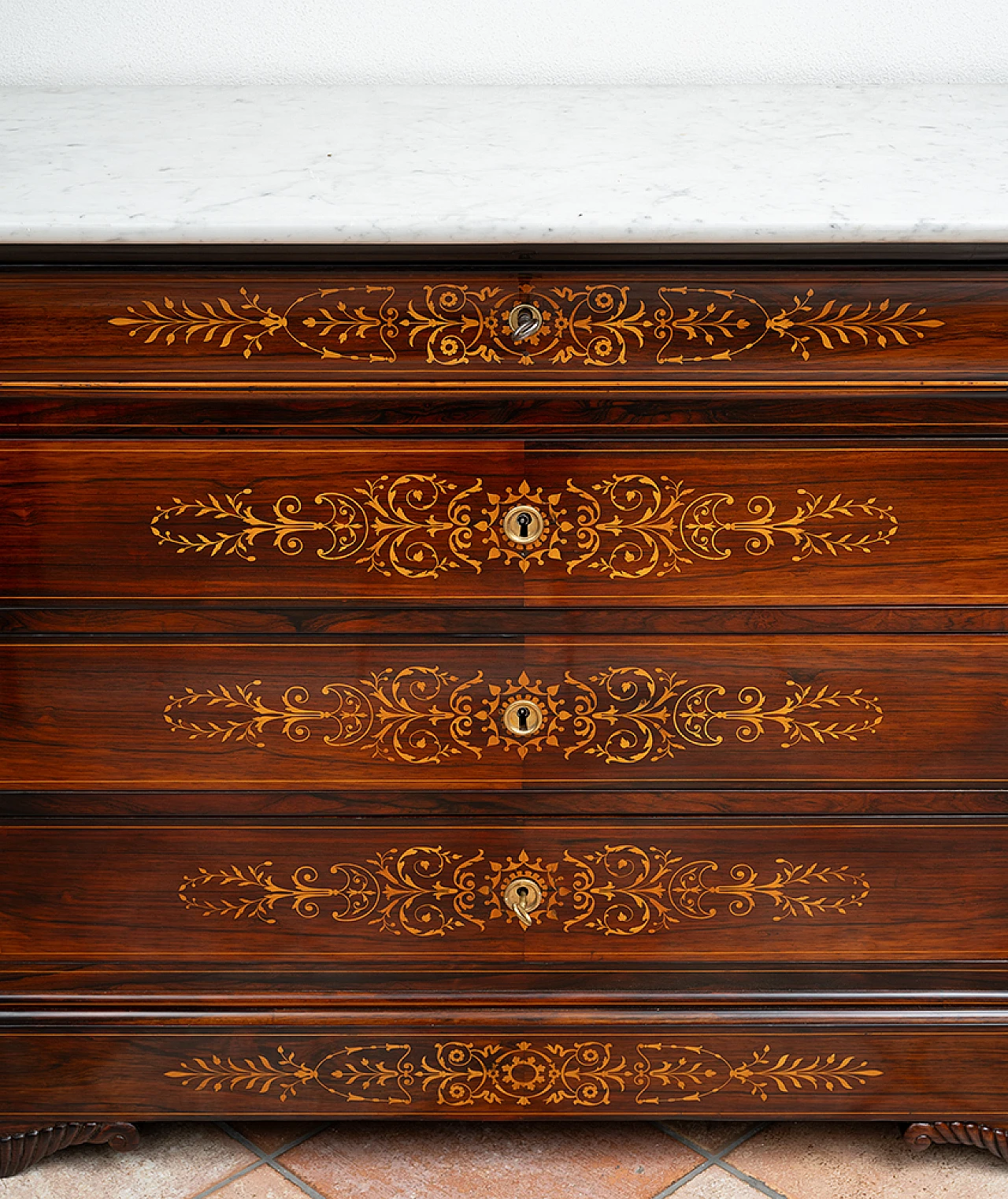 French Charles X exotic wood and marble commode, 19th century 3