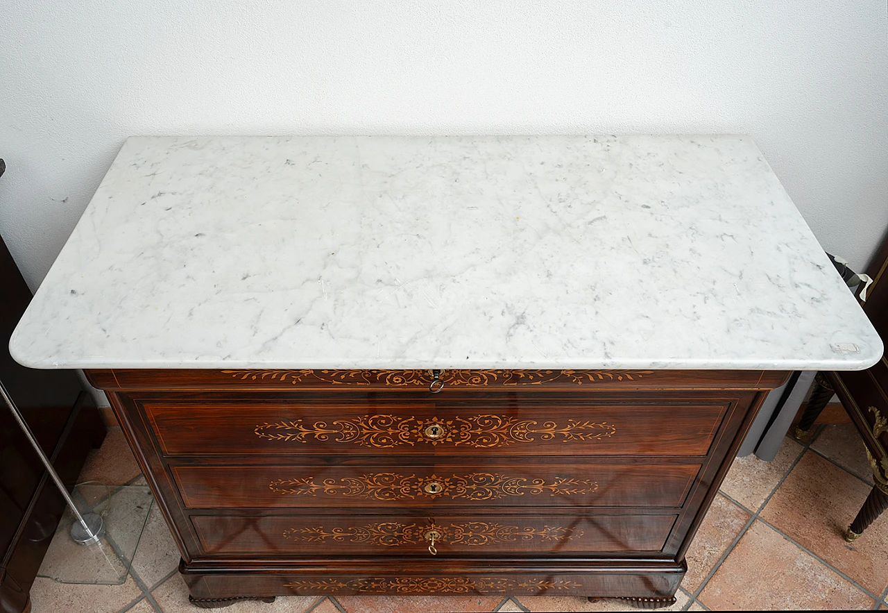 French Charles X exotic wood and marble commode, 19th century 4