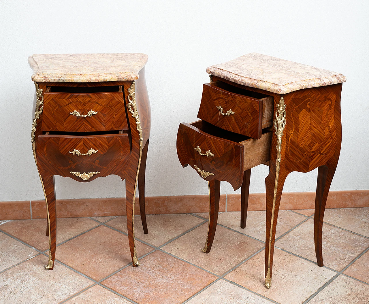 Pair of Napoleon III exotic wood and marble nightstands, 19th century 5