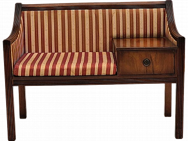 Danish mahogany and fabric bench with drawer, 1950s