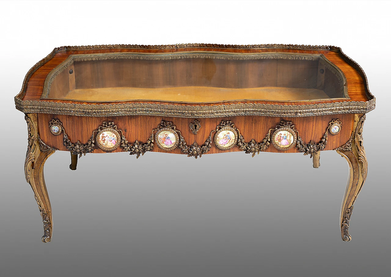 Napoleon III style showcase in exotic wood and porcelain 1