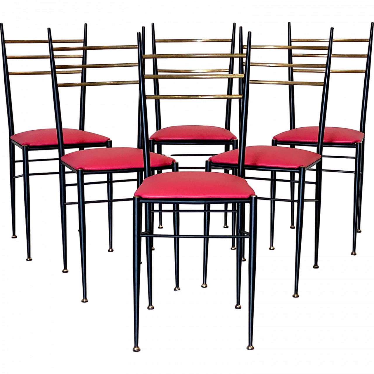 6 Chairs in black lacquered iron, fuchsia leatherette and brass, 1960s 20