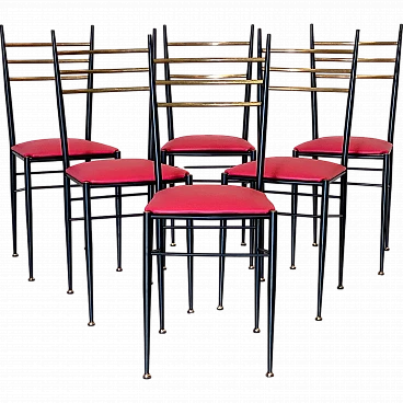6 Chairs in black lacquered iron, fuchsia leatherette and brass, 1960s