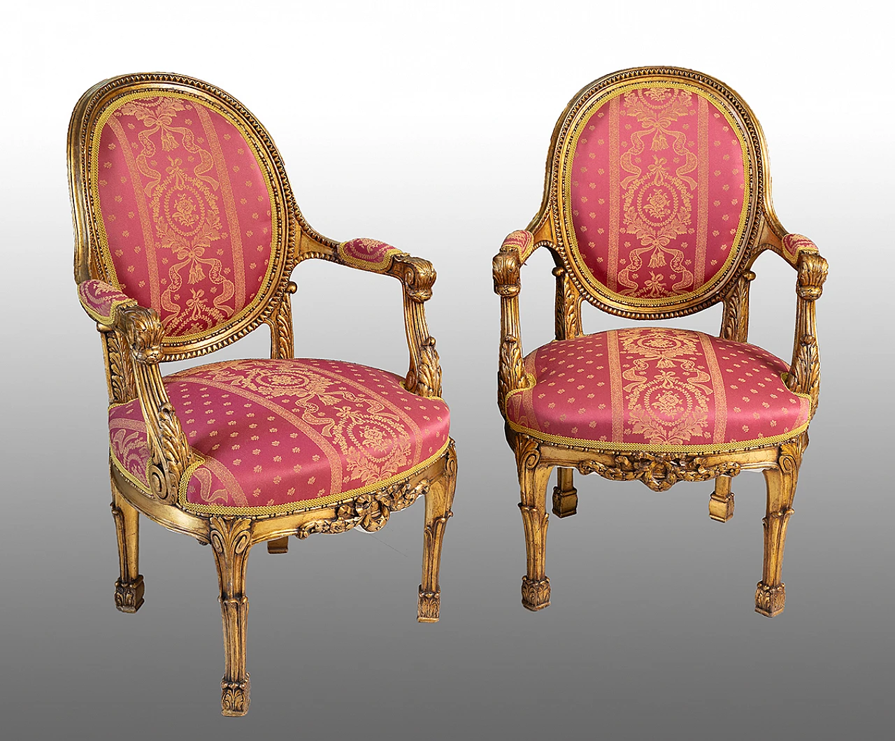 Pair of Napoleon III armchairs in gilded and carved wood, 19th century 1