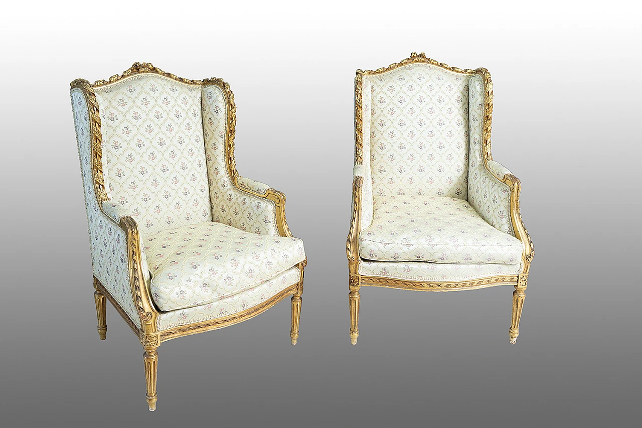 Pair of Napoleon III gilded wood and fabric armchairs, 19th century 1