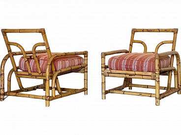 Pair of bamboo armchairs with cushions, 1970s