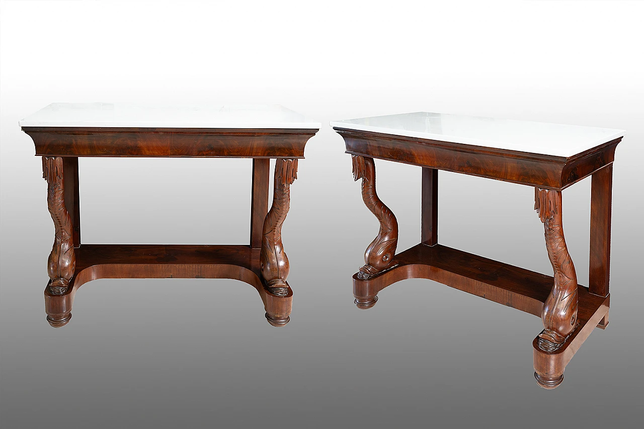 Pair of Neapolitan Empire mahogany and marble consoles, 19th century 1