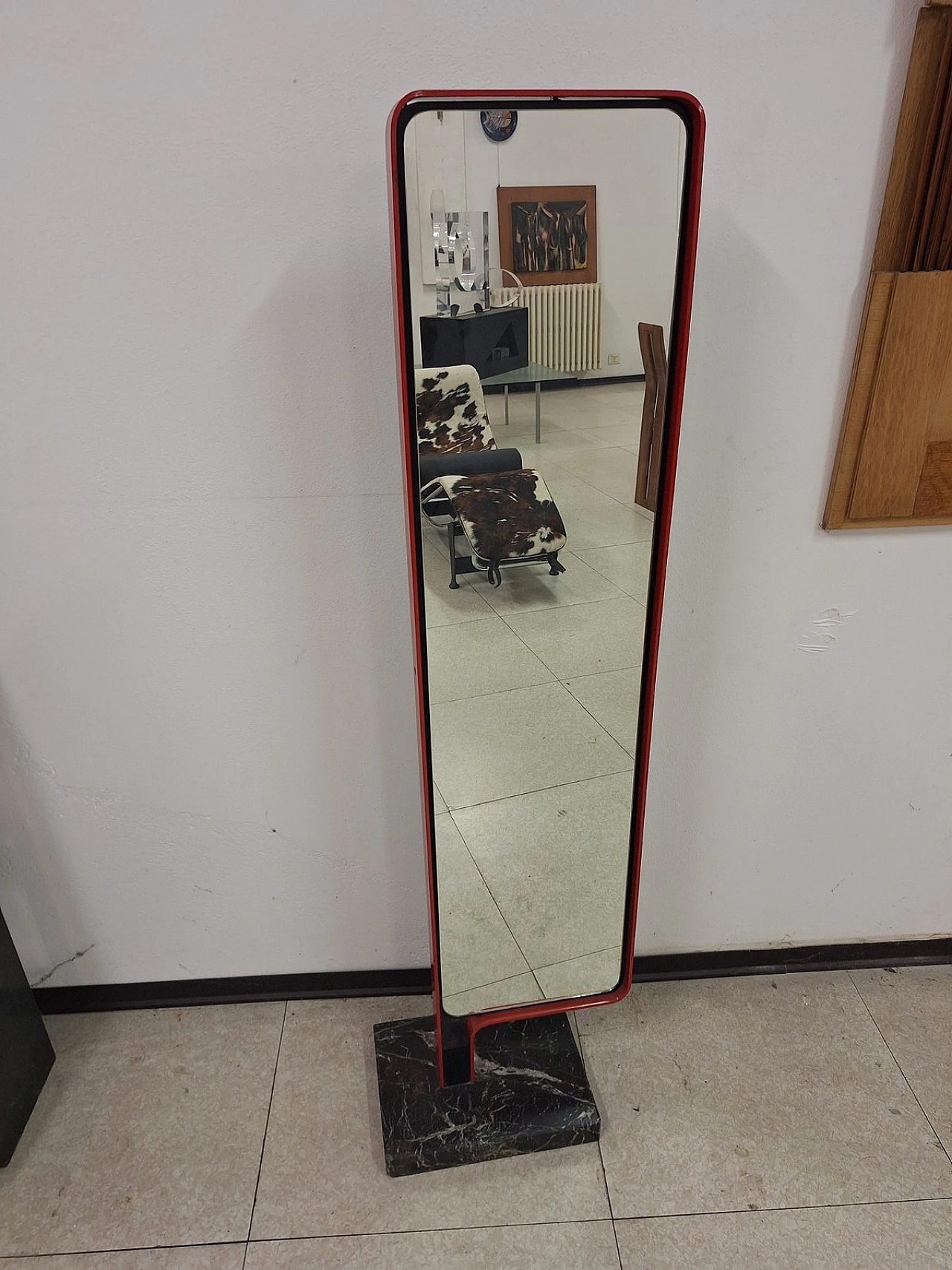 Floor mirror with marble base & red iron structure, 1970s 5