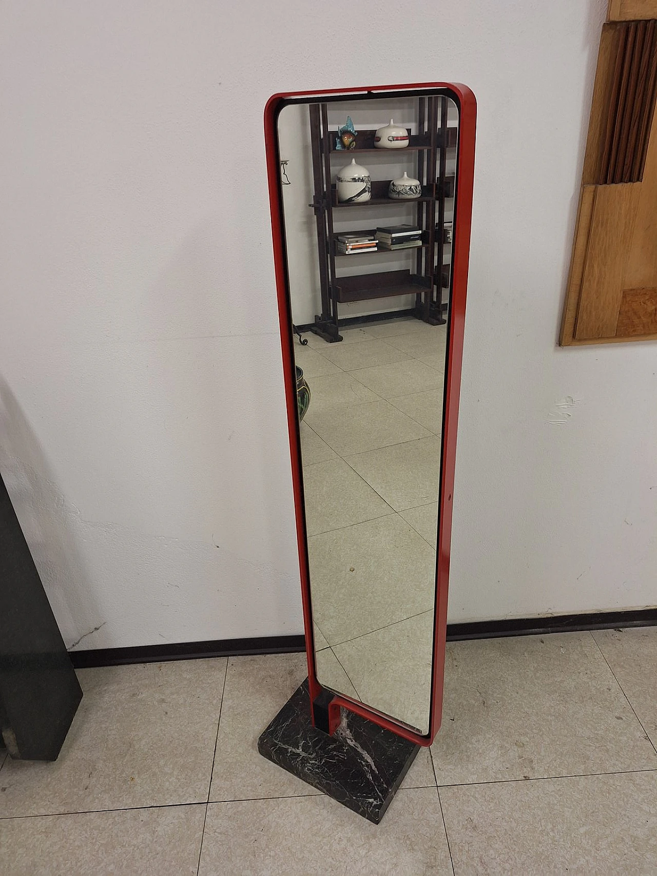 Floor mirror with marble base & red iron structure, 1970s 6