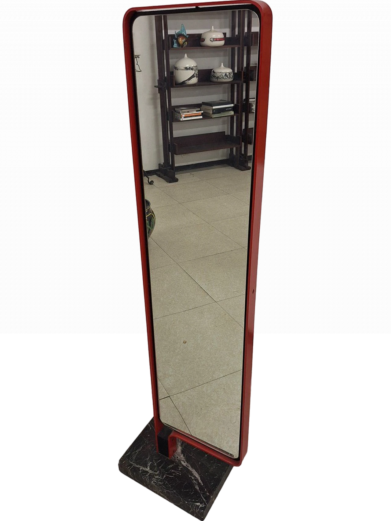 Floor mirror with marble base & red iron structure, 1970s 8