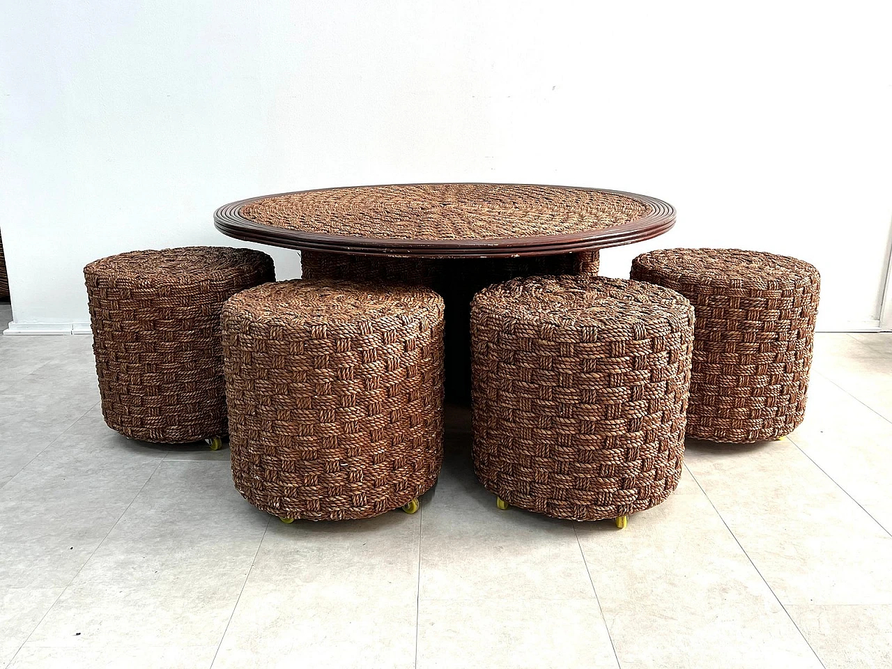 Coffee Table with 4 stools in woven rope & wood, 1960s 1