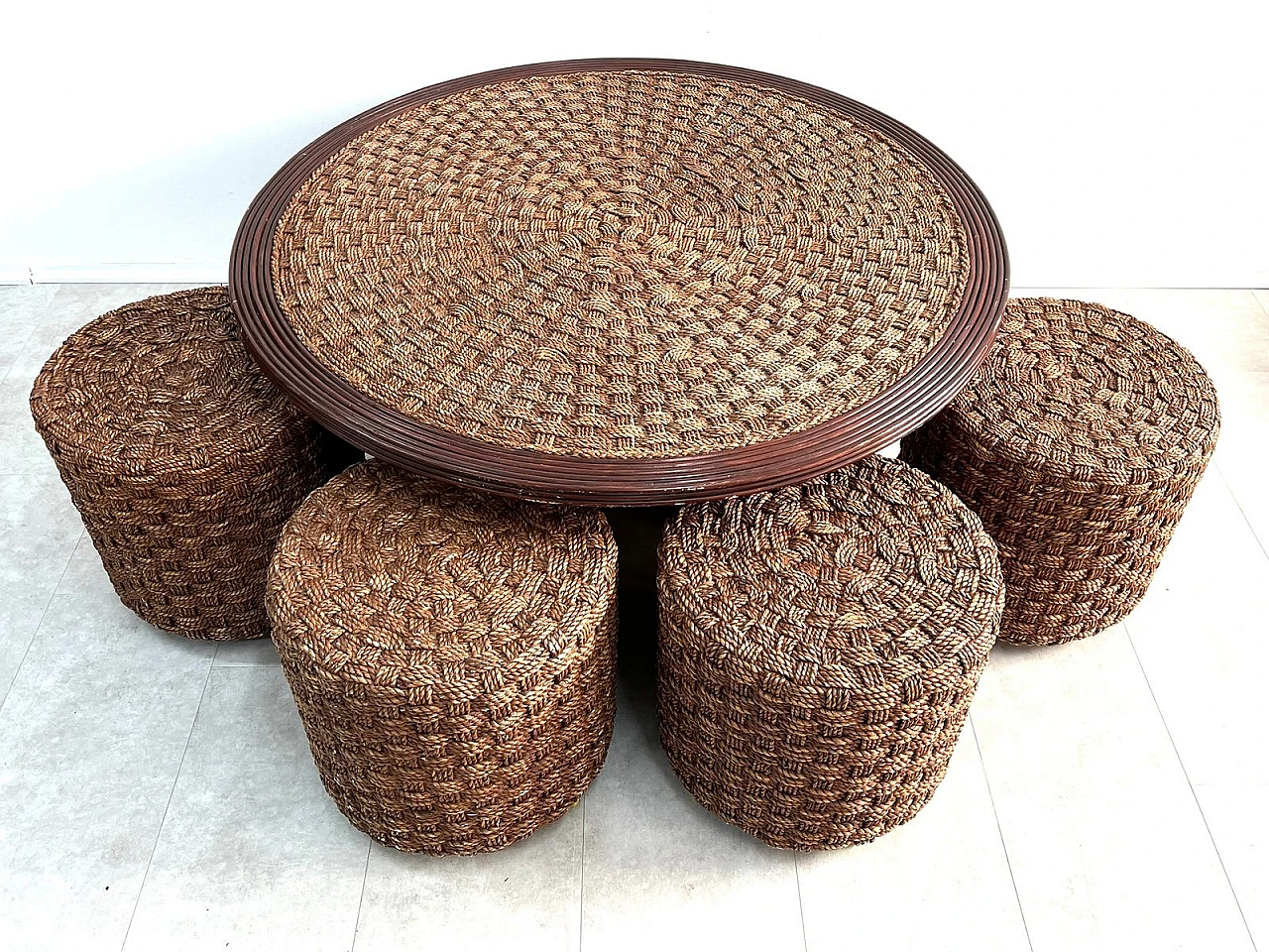 Coffee Table with 4 stools in woven rope & wood, 1960s 2