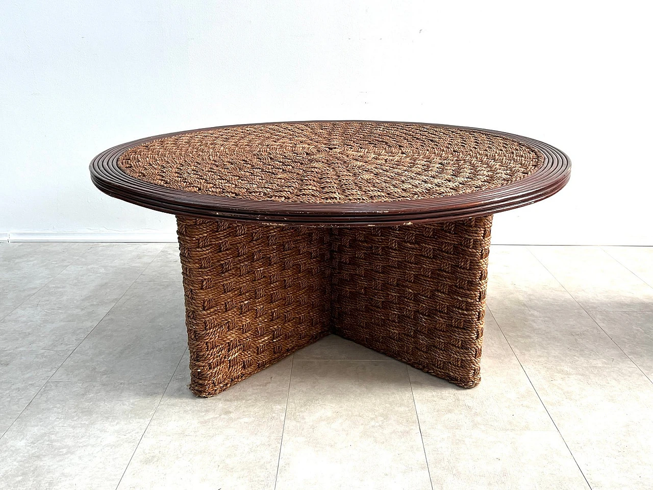 Coffee Table with 4 stools in woven rope & wood, 1960s 3