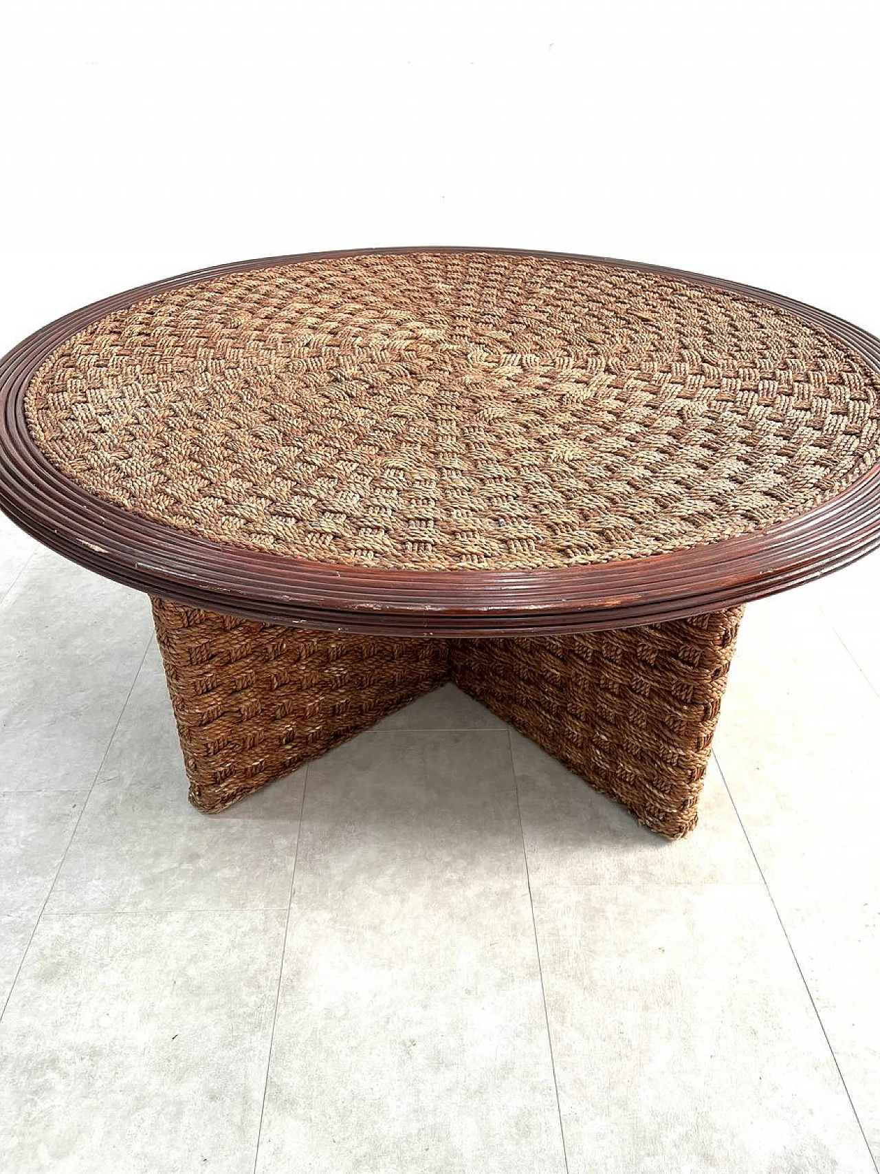 Coffee Table with 4 stools in woven rope & wood, 1960s 4