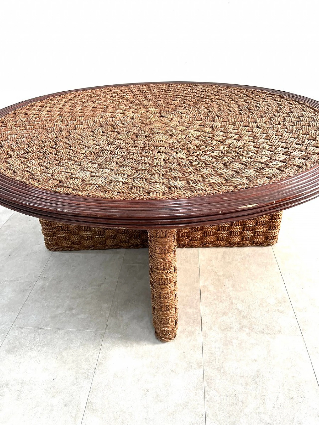 Coffee Table with 4 stools in woven rope & wood, 1960s 5