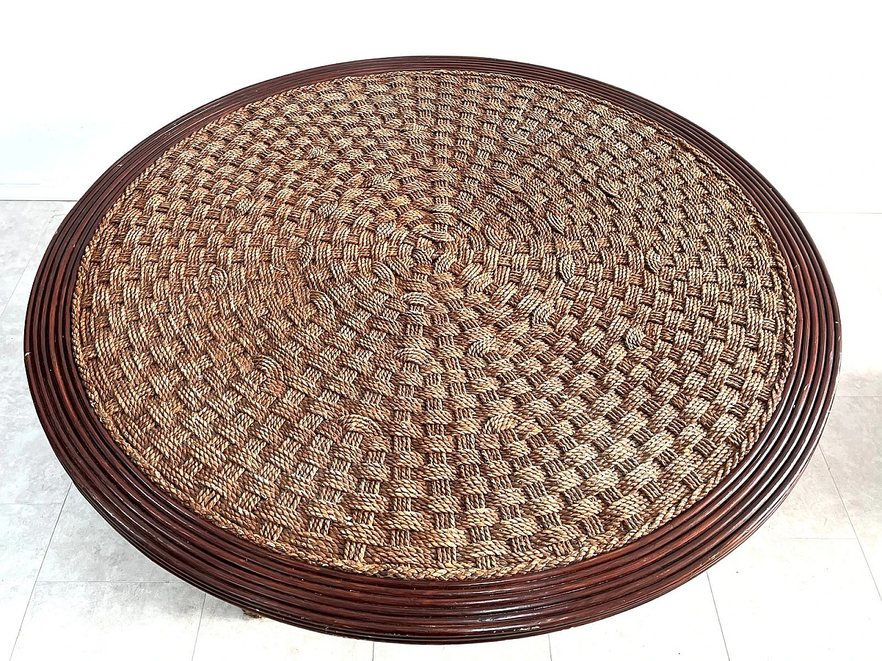 Coffee Table with 4 stools in woven rope & wood, 1960s 6