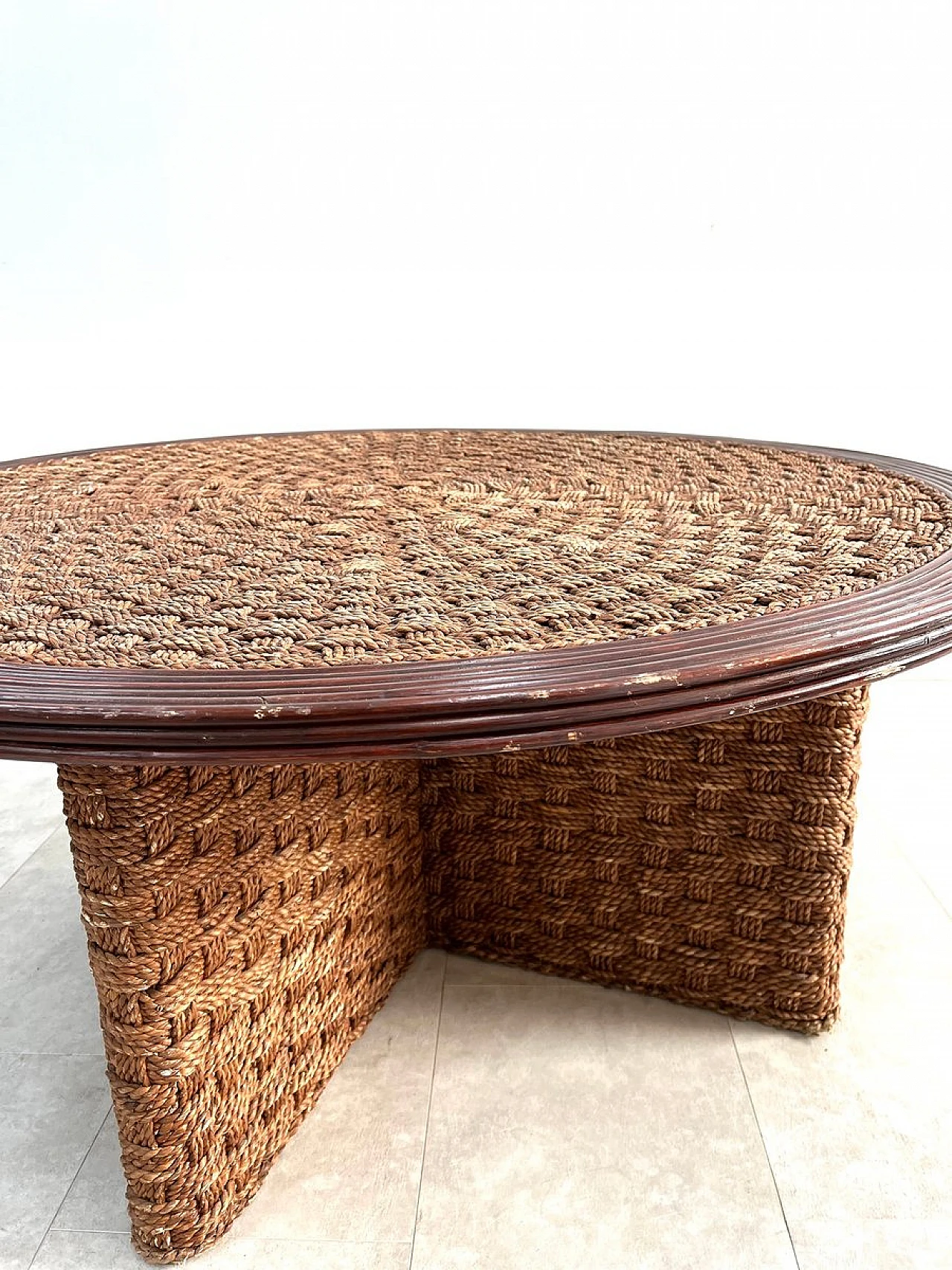 Coffee Table with 4 stools in woven rope & wood, 1960s 7