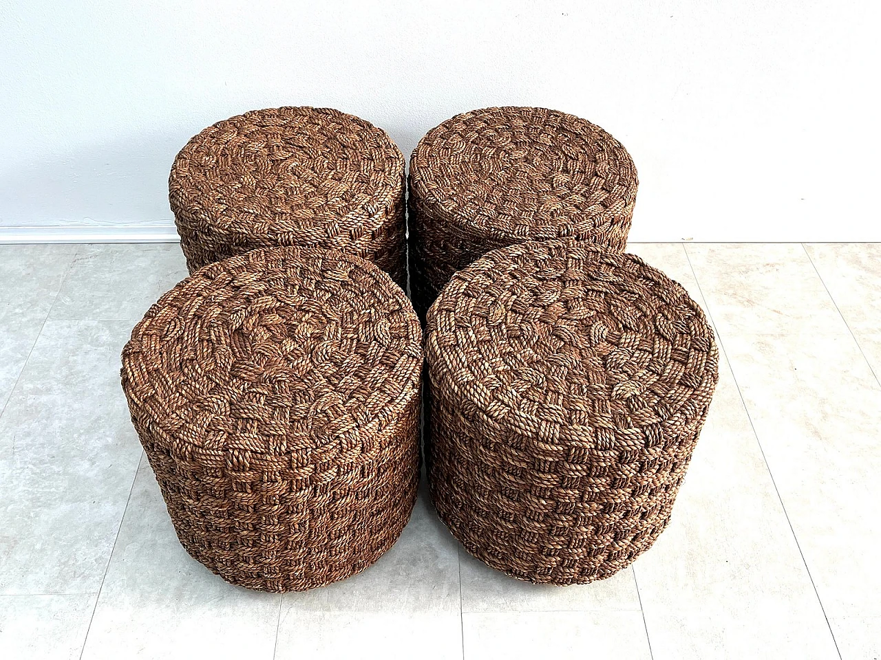 Coffee Table with 4 stools in woven rope & wood, 1960s 8