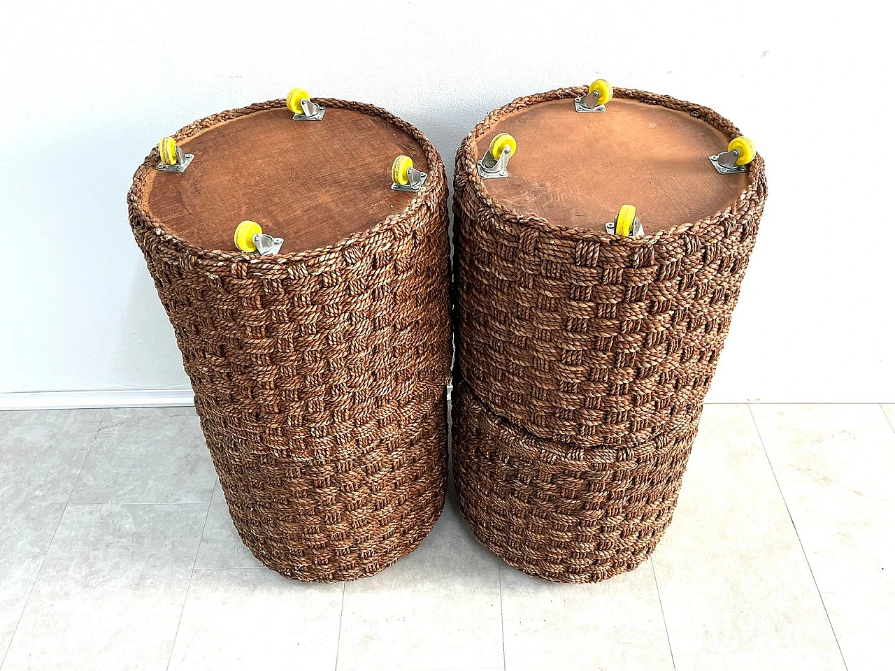 Coffee Table with 4 stools in woven rope & wood, 1960s 9