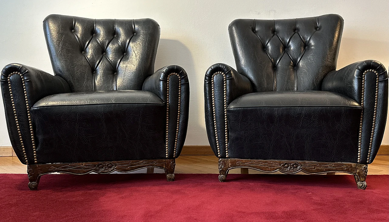 Pair of black eco-leather Chesterfield armchairs, 1980s 1