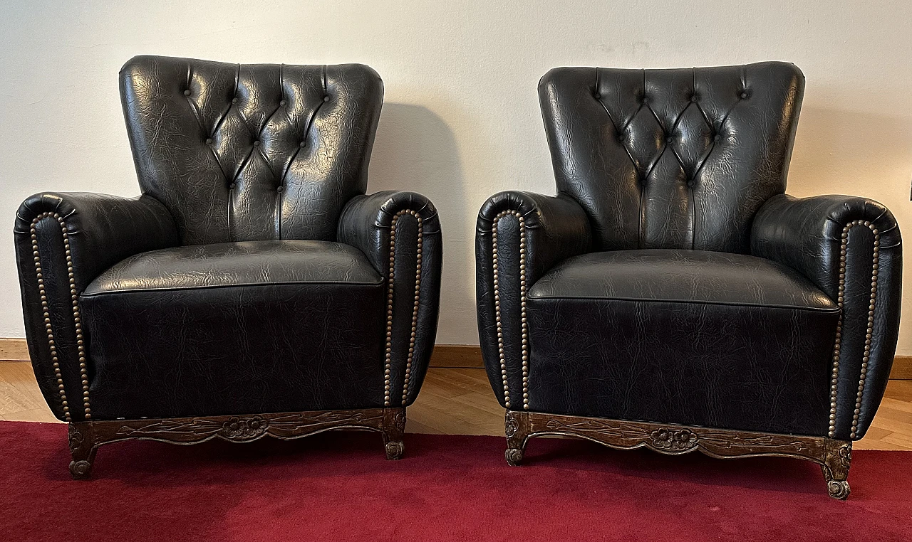 Pair of black eco-leather Chesterfield armchairs, 1980s 2