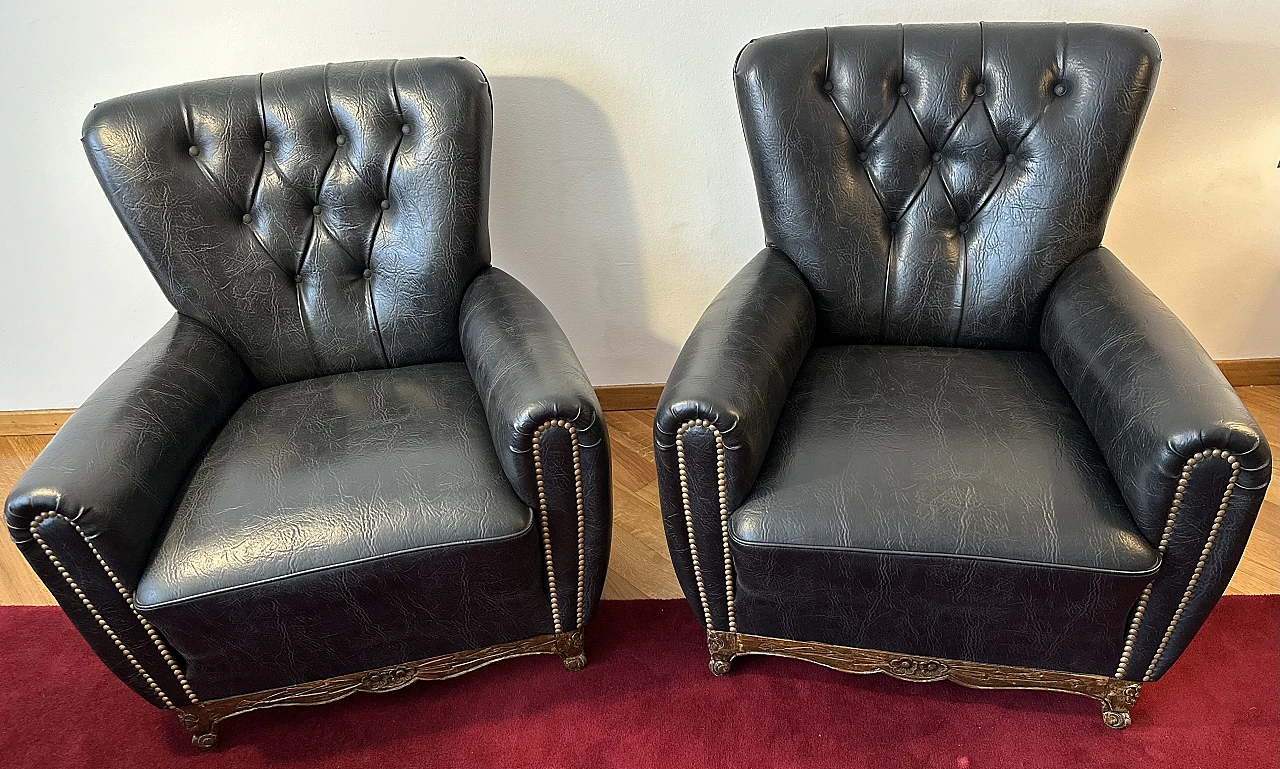 Pair of black eco-leather Chesterfield armchairs, 1980s 3