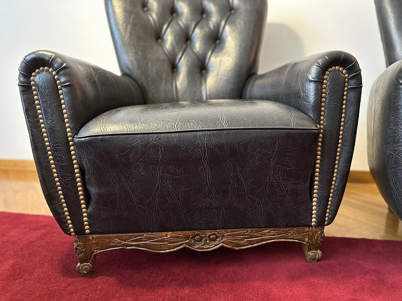 Pair of black eco-leather Chesterfield armchairs, 1980s 4