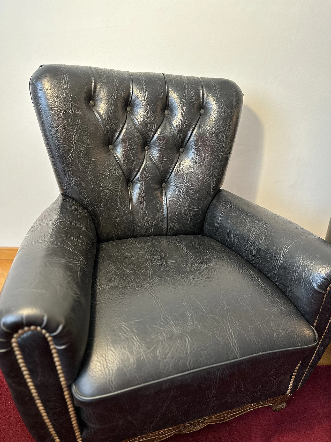 Pair of black eco-leather Chesterfield armchairs, 1980s 5