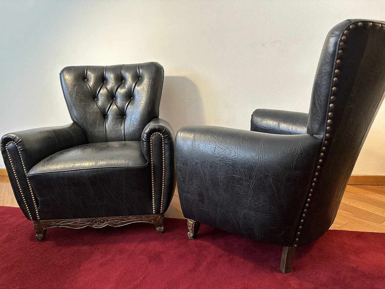 Pair of black eco-leather Chesterfield armchairs, 1980s 6