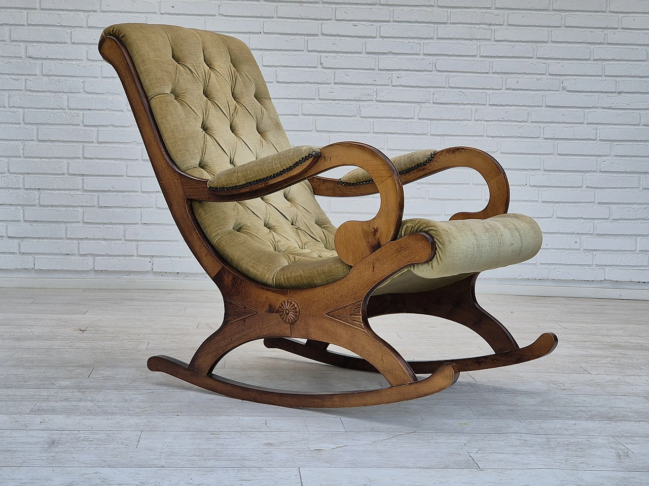 Scandinavian beech and velvet rocking chair, 1950s 1