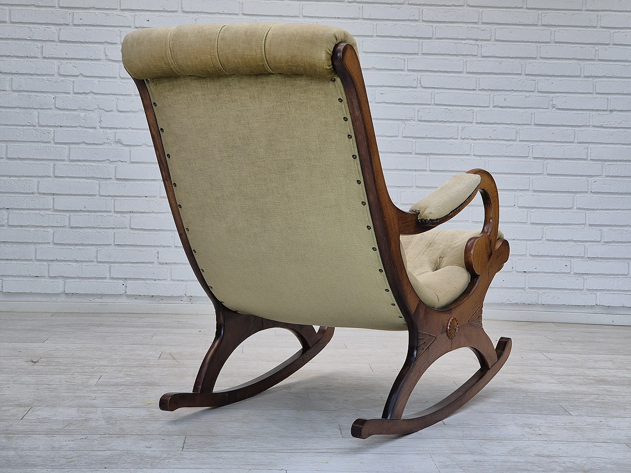 Scandinavian beech and velvet rocking chair, 1950s 5