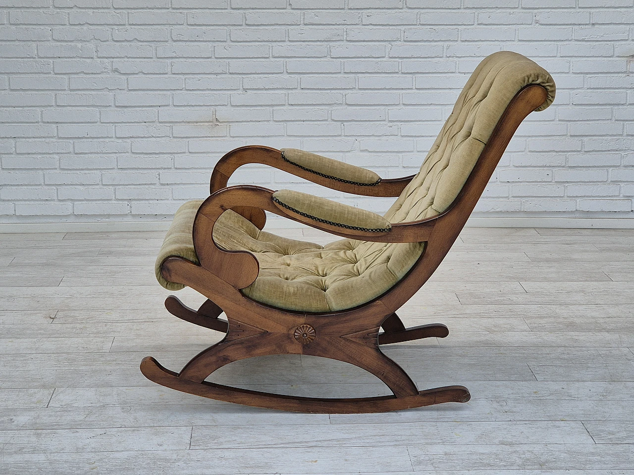 Scandinavian beech and velvet rocking chair, 1950s 7