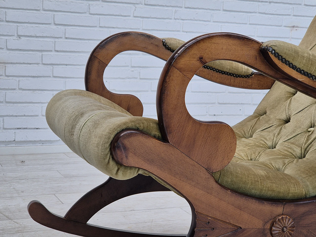 Scandinavian beech and velvet rocking chair, 1950s 10