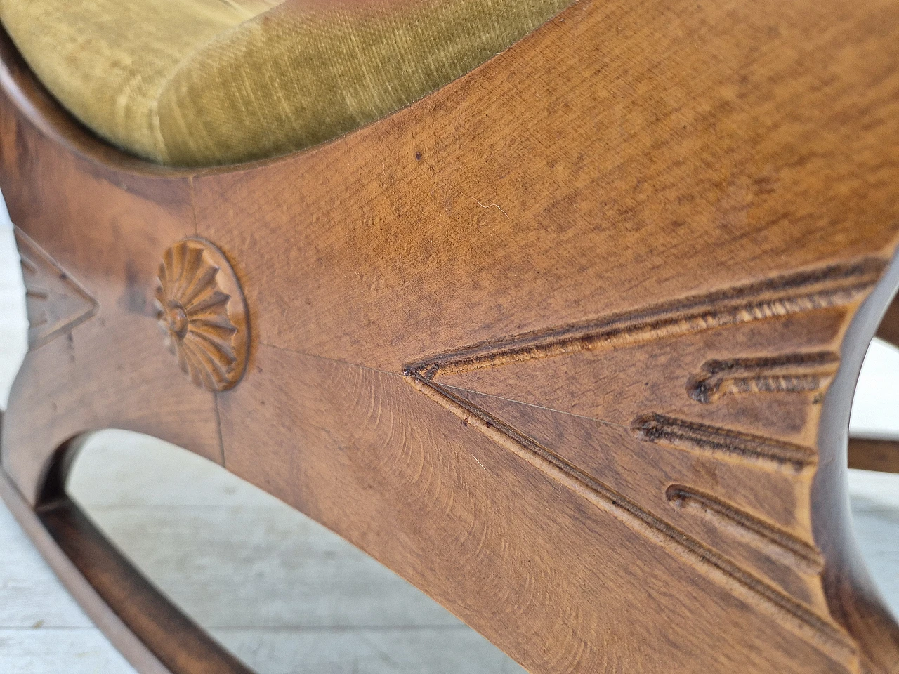 Scandinavian beech and velvet rocking chair, 1950s 13