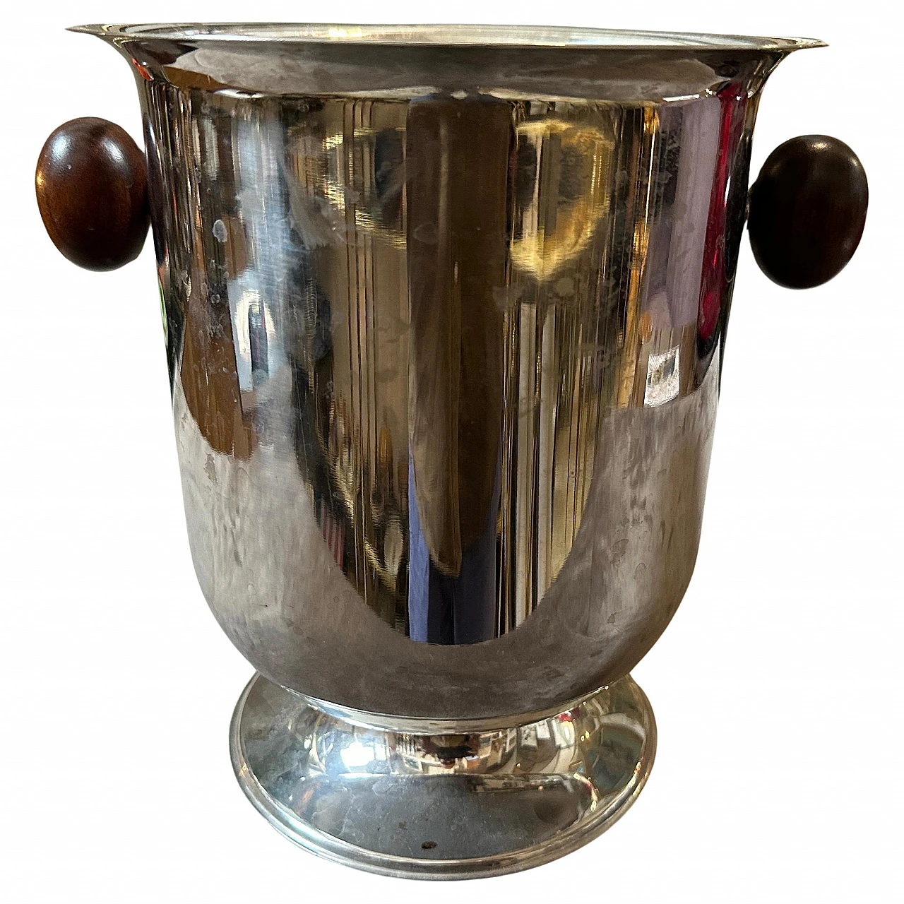 Silver-plated metal wine cooler with wooden handles, 1970s 1