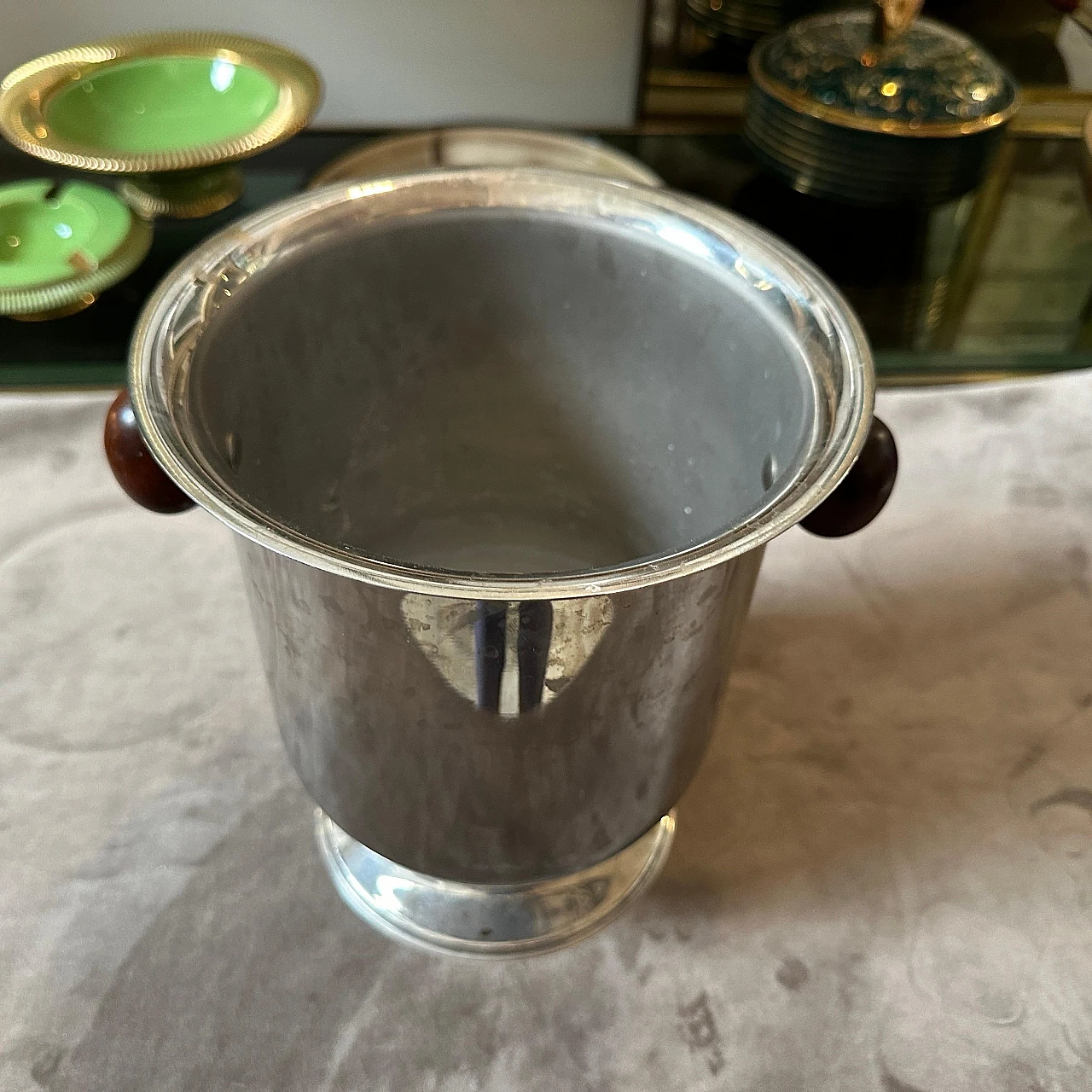 Silver-plated metal wine cooler with wooden handles, 1970s 3