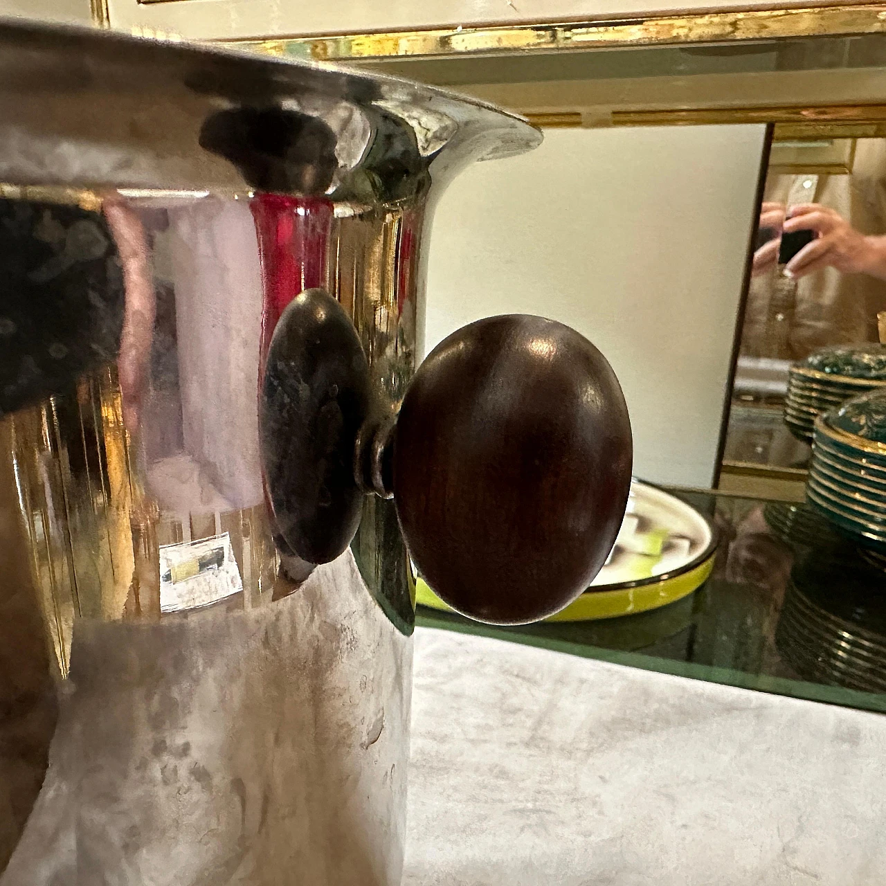 Silver-plated metal wine cooler with wooden handles, 1970s 4