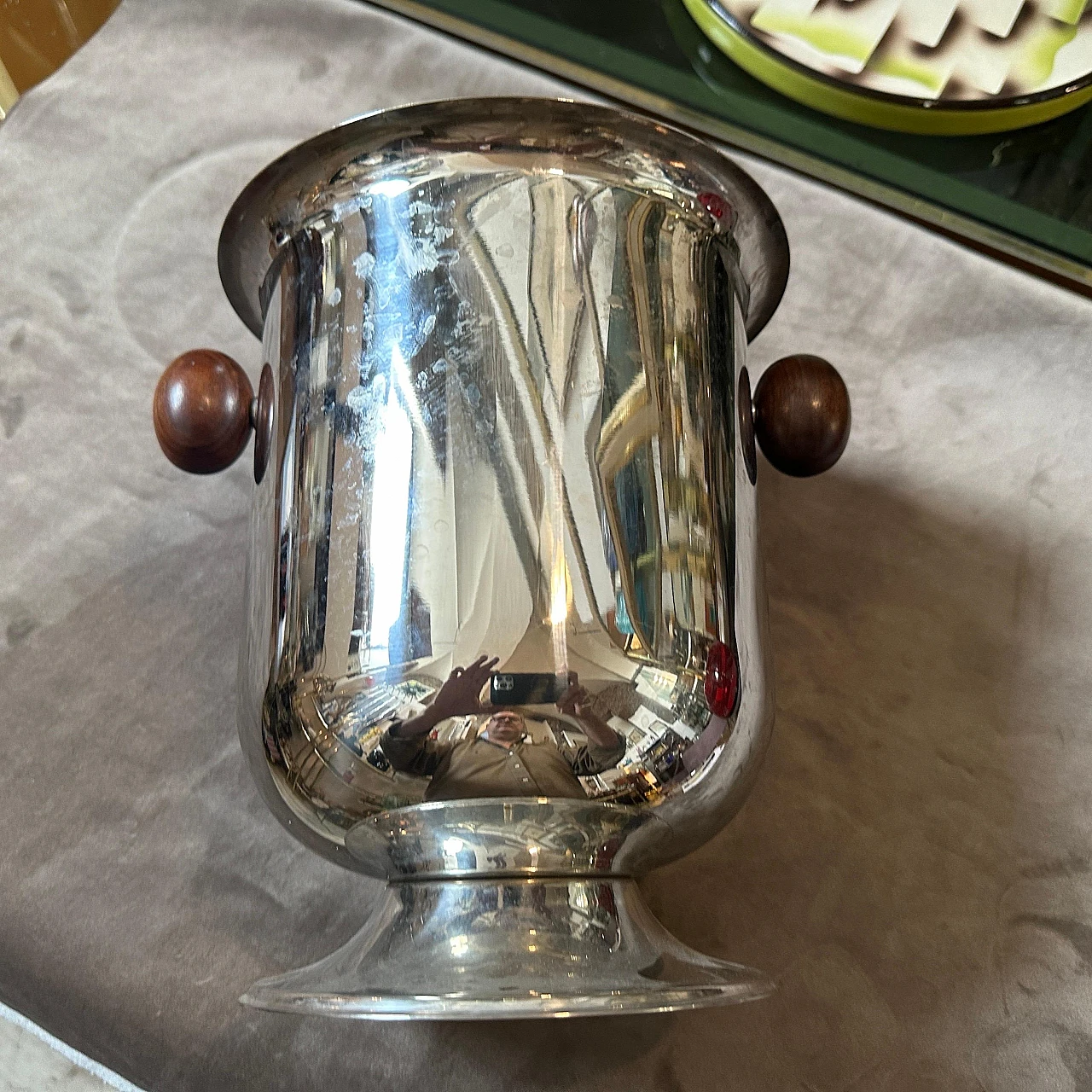 Silver-plated metal wine cooler with wooden handles, 1970s 5