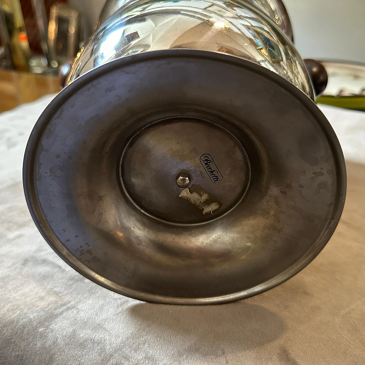 Silver-plated metal wine cooler with wooden handles, 1970s 7