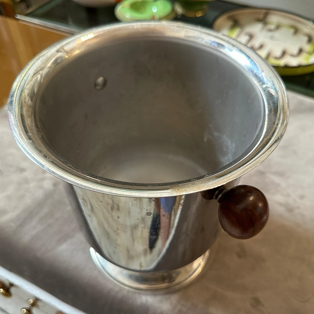 Silver-plated metal wine cooler with wooden handles, 1970s 10