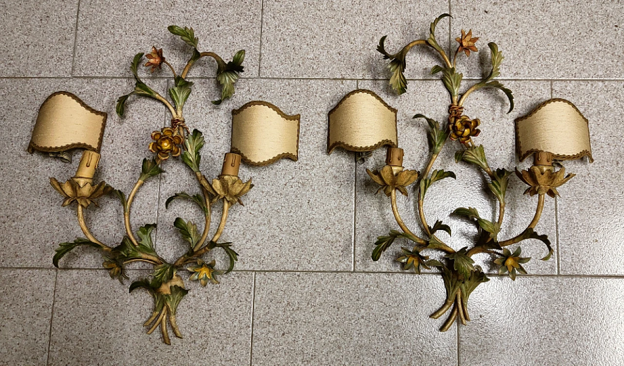 Pair of two-light wrought iron wall sconces, 1960s 2