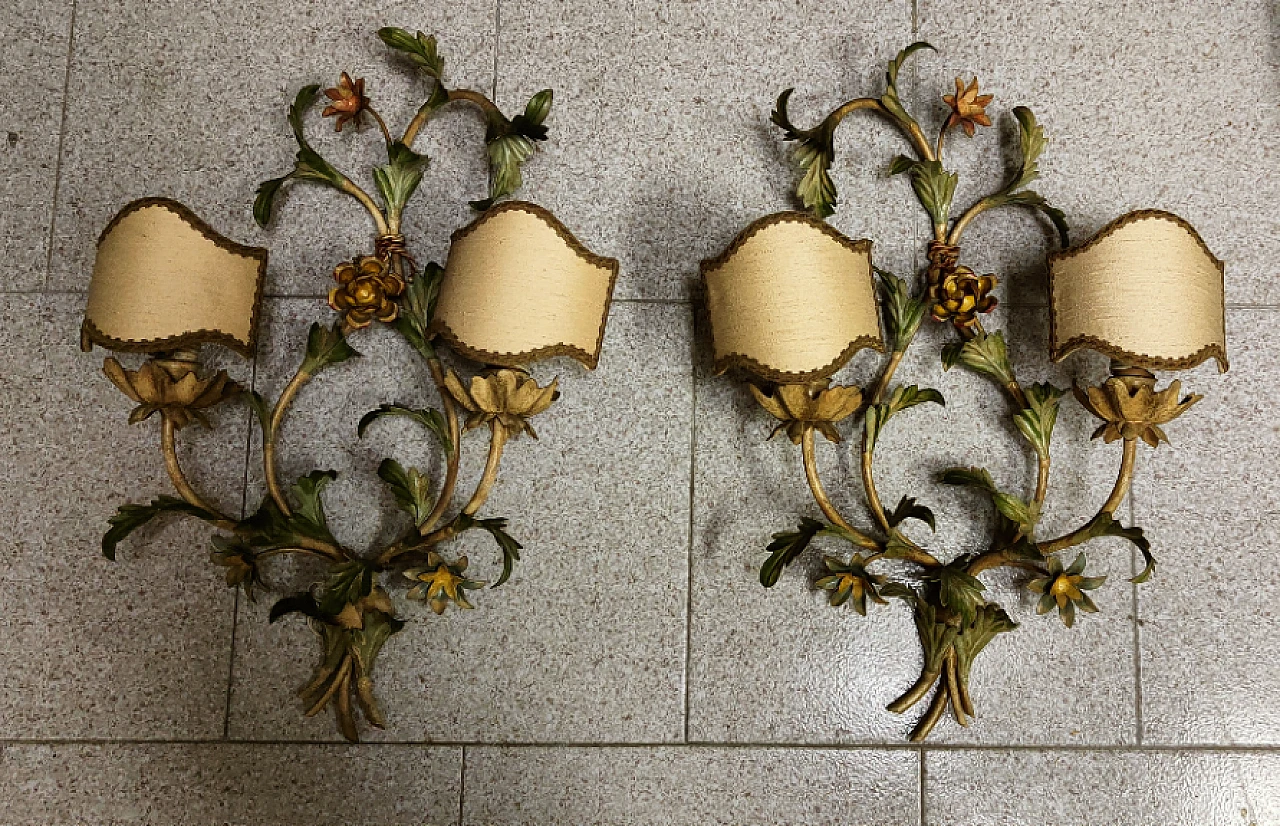 Pair of two-light wrought iron wall sconces, 1960s 3