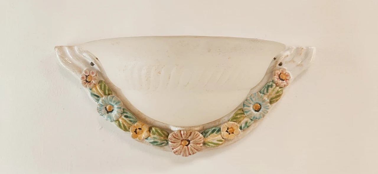 Ceramic and glass wall sconce with flowers, 1980s 1