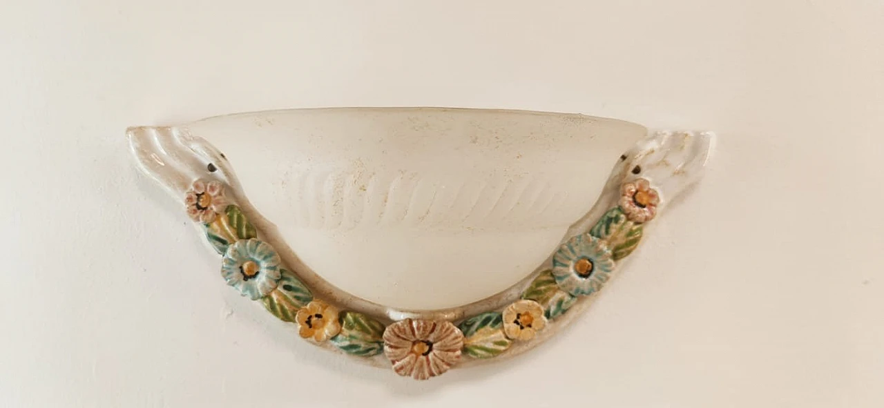 Ceramic and glass wall sconce with flowers, 1980s 2